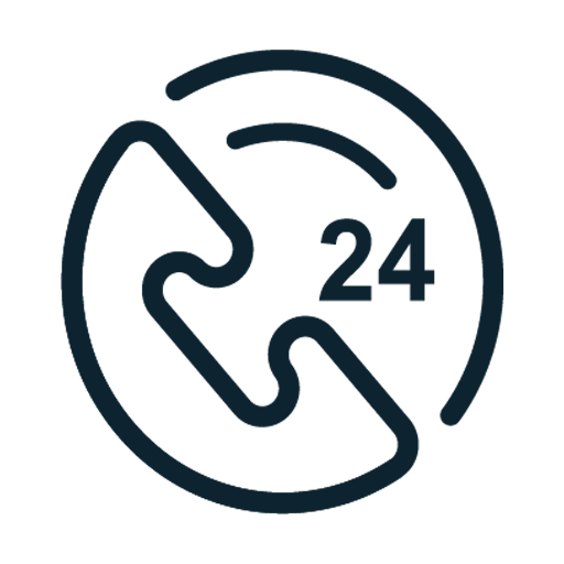 Telefonhörer in einem Kreis mit der Zahl 24 – Symbol für 24-Stunden-Erreichbarkeit oder Support-Hotline.