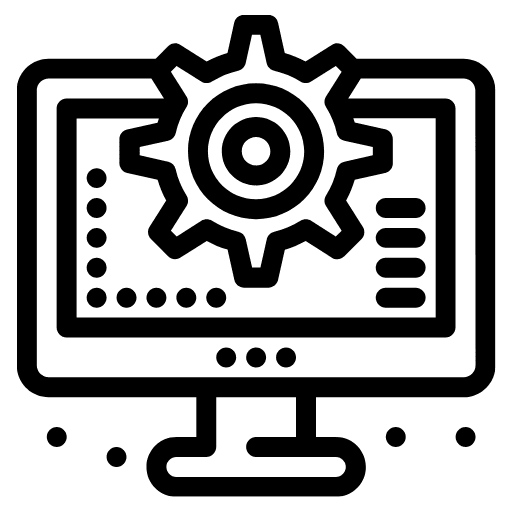 Icon mit Zahnrad auf Monitor – Symbol für digitale Schnittstellen, Systemintegration oder API-Konfiguration.