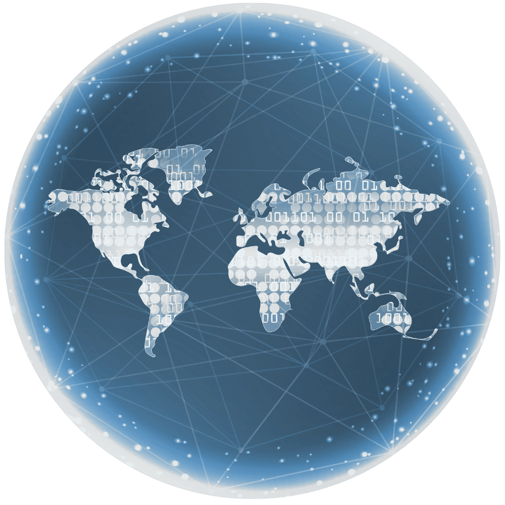 Digitale Weltkugel mit Binärcode und Netzwerklinien. Die Kontinente sind mit Einsen und Nullen überzogen – Symbol für globale IT-Vernetzung.